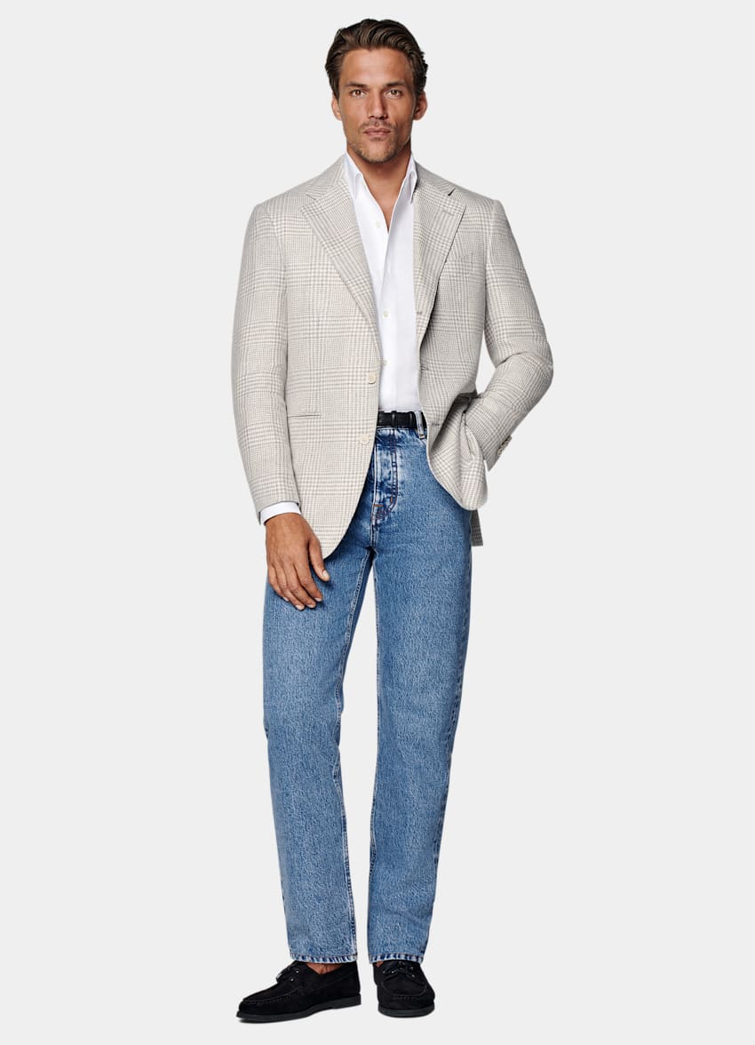 SUITSUPPLY Été Lin, soie, laine et coton par Ferla, Italie Blazer Roma coupe Relaxed gris clair à carreaux