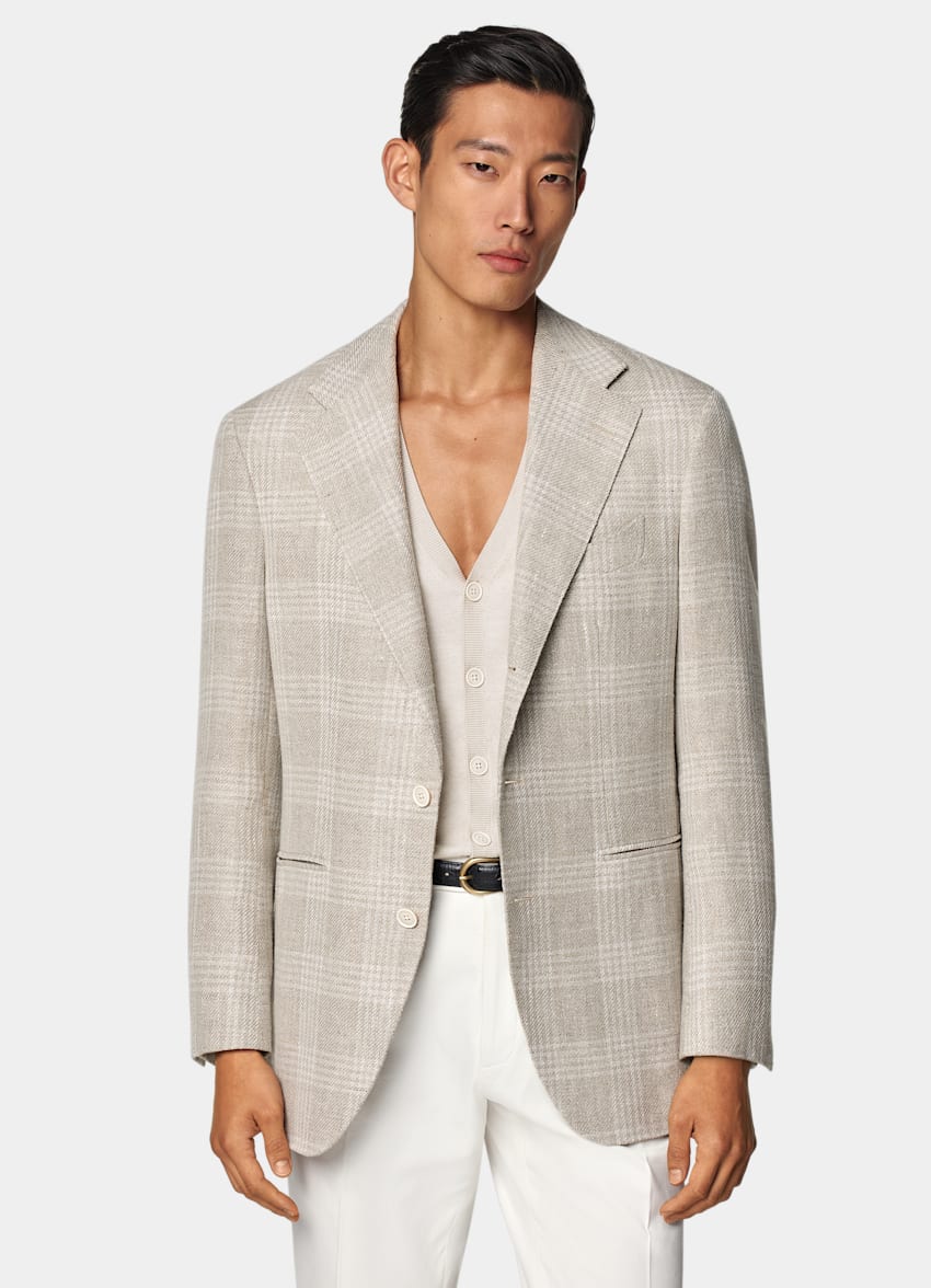 SUITSUPPLY Estate Lino, seta, lana e cotone - Ferla, Italia Giacca Roma color sabbia a quadri relaxed fit