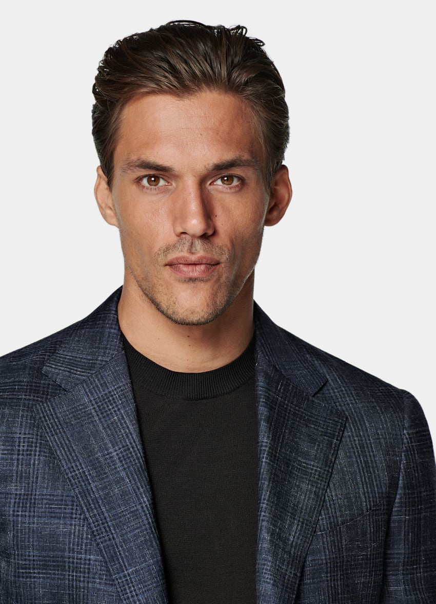 SUITSUPPLY Verano Cachemir, seda y lino de Piacenza, Italia Blazer Havana azul marino a cuadros corte Tailored