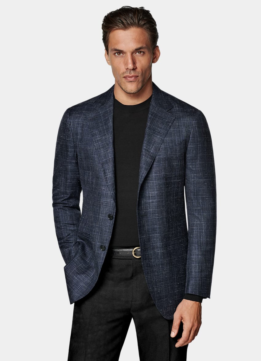 SUITSUPPLY Verano Cachemir, seda y lino de Piacenza, Italia Blazer Havana azul marino a cuadros corte Tailored
