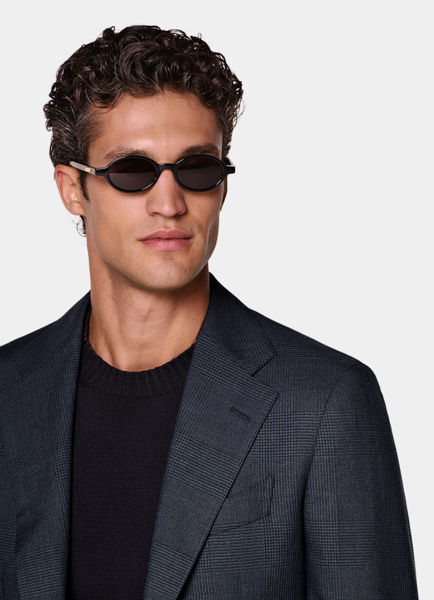 SUITSUPPLY All Season Wrinkle-Free Wool by Rogna, Italy Navy Checked Tailored Fit Havana Blazer