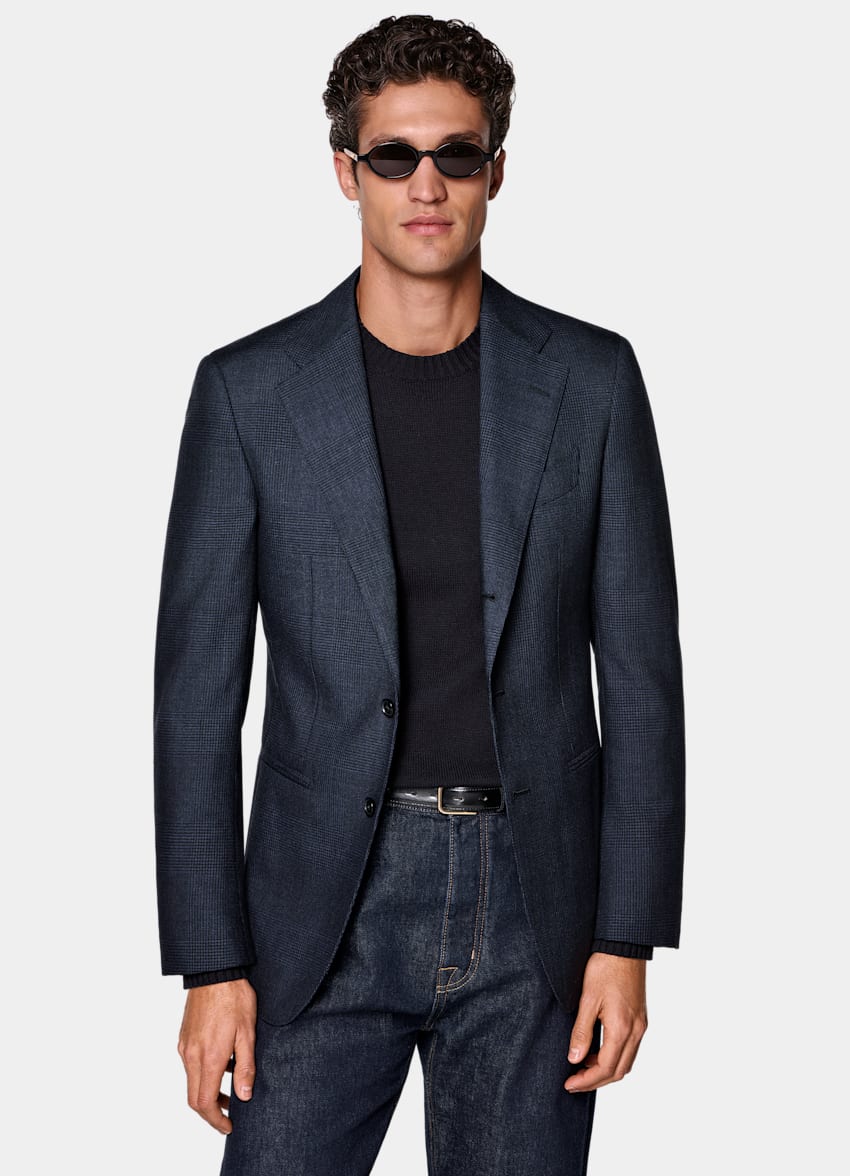 SUITSUPPLY All Season Wrinkle-Free Wool by Rogna, Italy Navy Checked Tailored Fit Havana Blazer