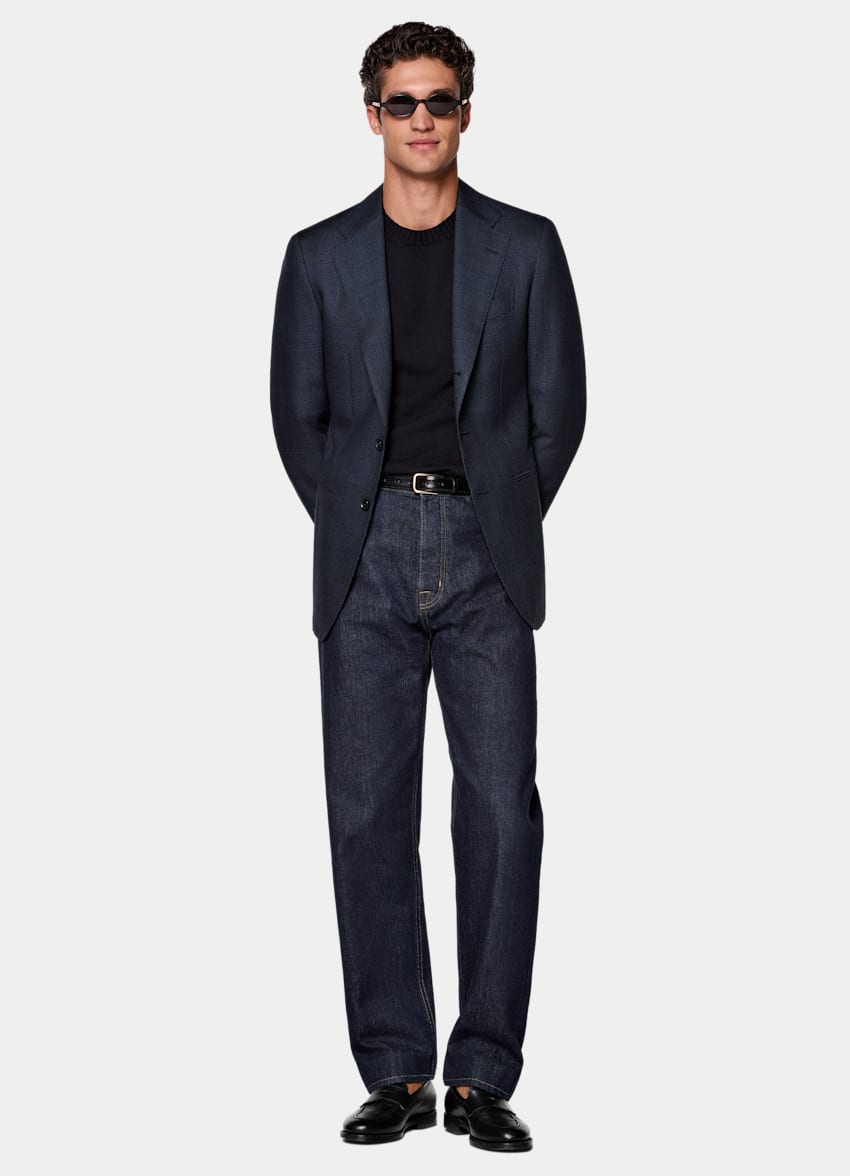 SUITSUPPLY All Season Wrinkle-Free Wool by Rogna, Italy Navy Checked Tailored Fit Havana Blazer