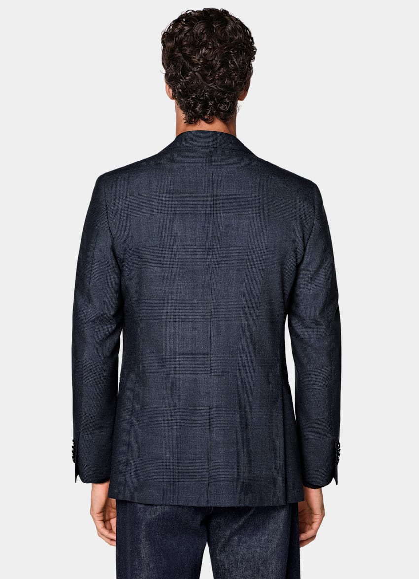 SUITSUPPLY All Season Wrinkle-Free Wool by Rogna, Italy Navy Checked Tailored Fit Havana Blazer
