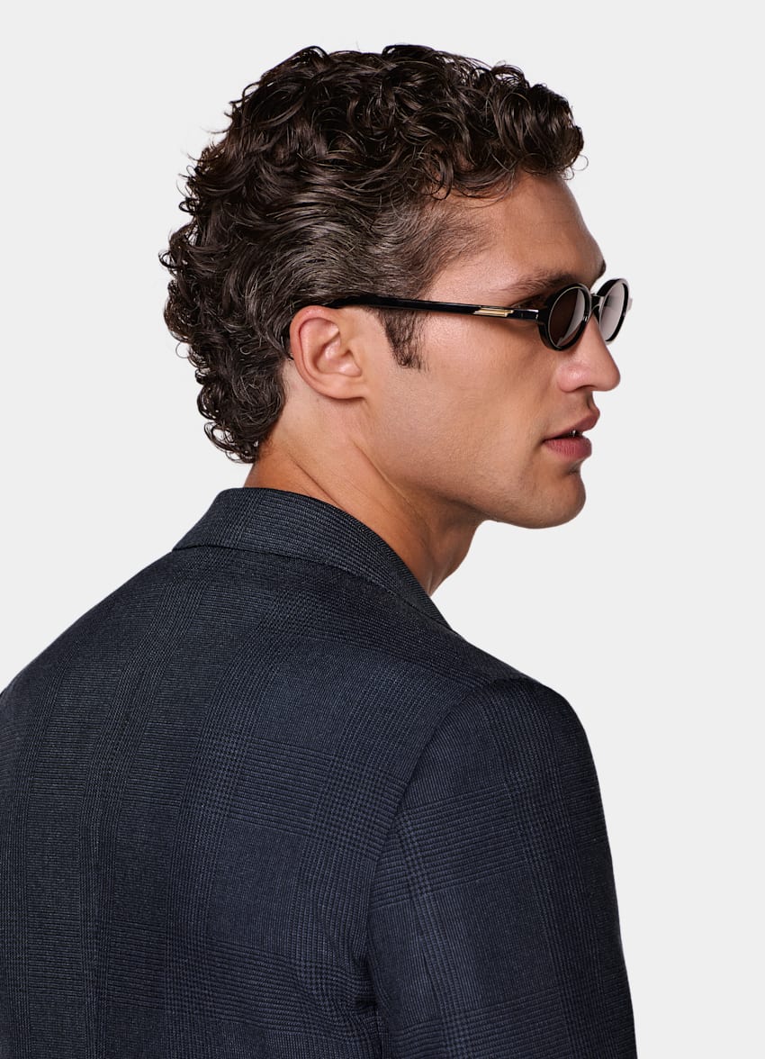 SUITSUPPLY All Season Wrinkle-Free Wool by Rogna, Italy Navy Checked Tailored Fit Havana Blazer