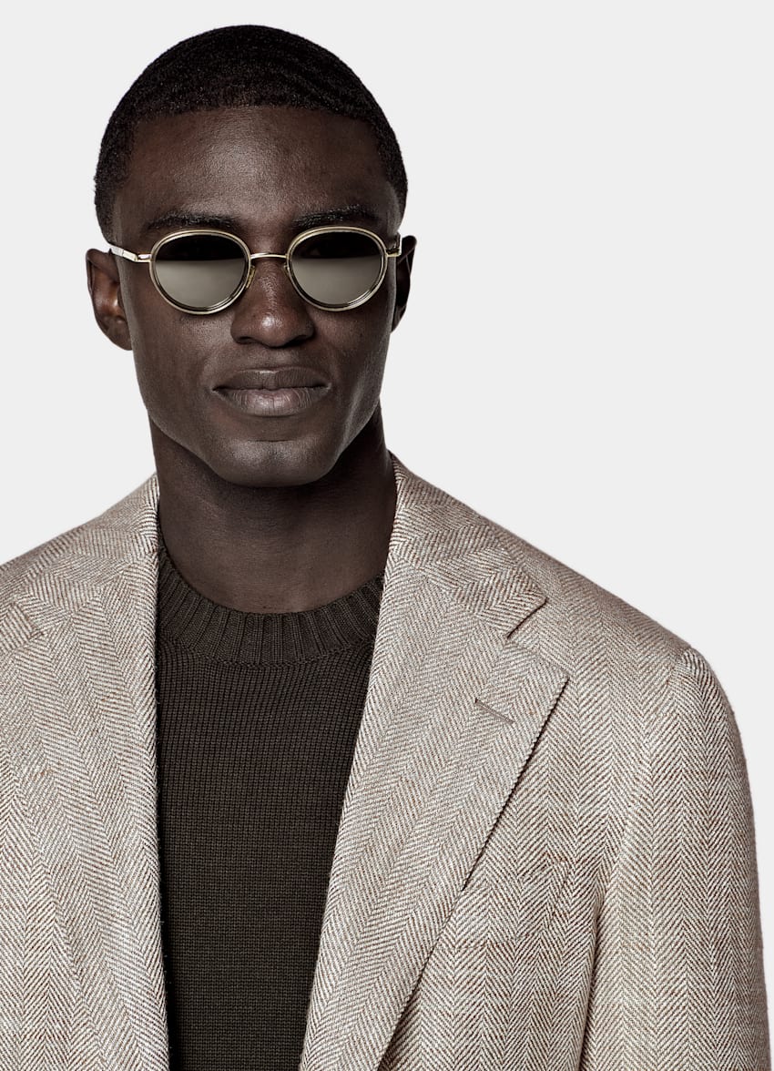 SUITSUPPLY Summer Silk Linen Blend by Ferla, Italy Taupe Herringbone Relaxed Fit Roma Blazer