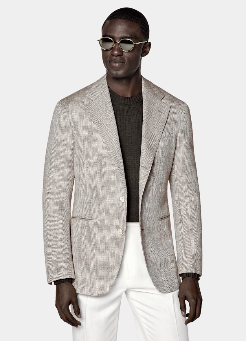 SUITSUPPLY Summer Silk Linen Blend by Ferla, Italy Taupe Herringbone Relaxed Fit Roma Blazer