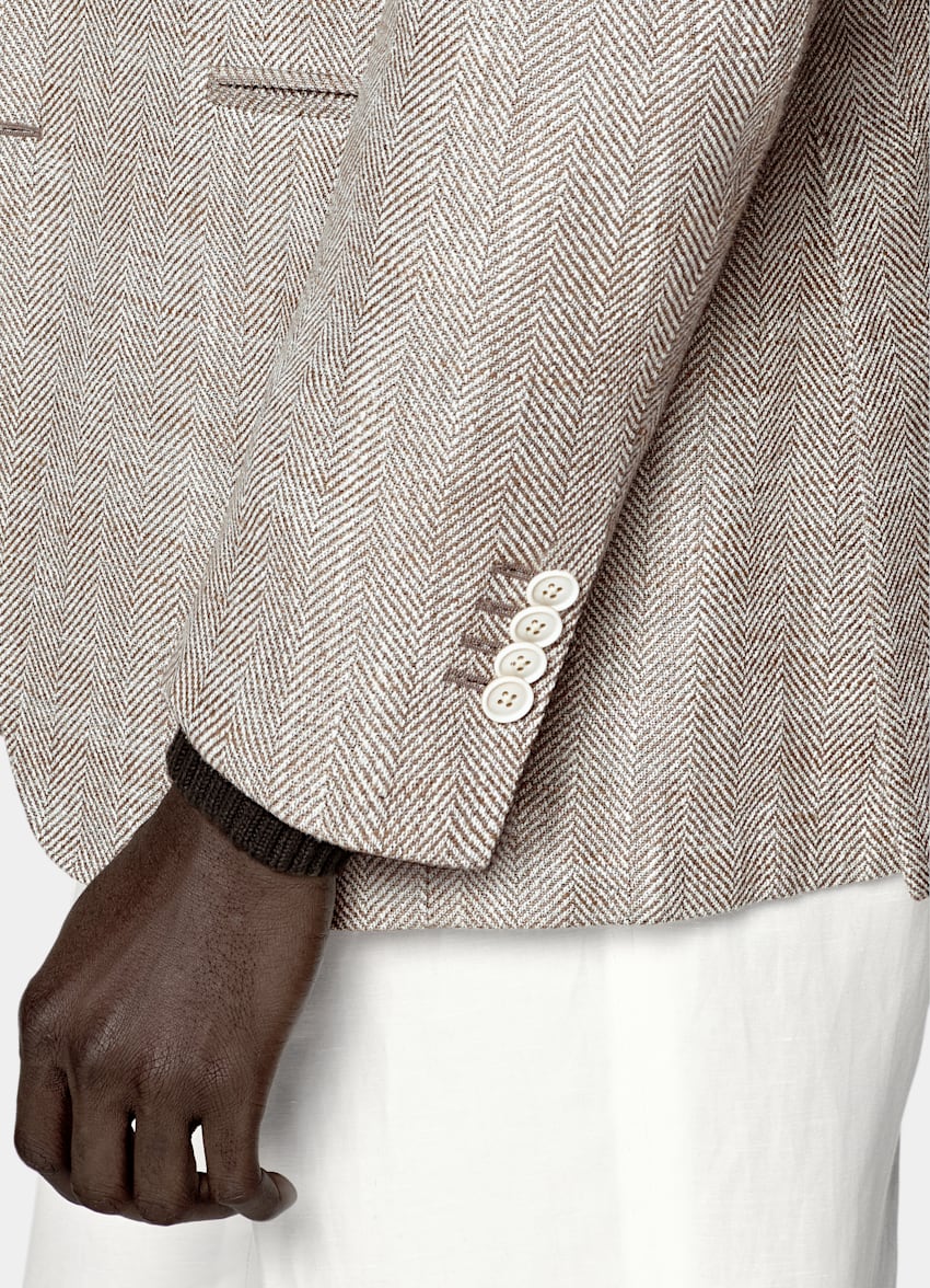 SUITSUPPLY Summer Silk Linen Blend by Ferla, Italy Taupe Herringbone Relaxed Fit Roma Blazer