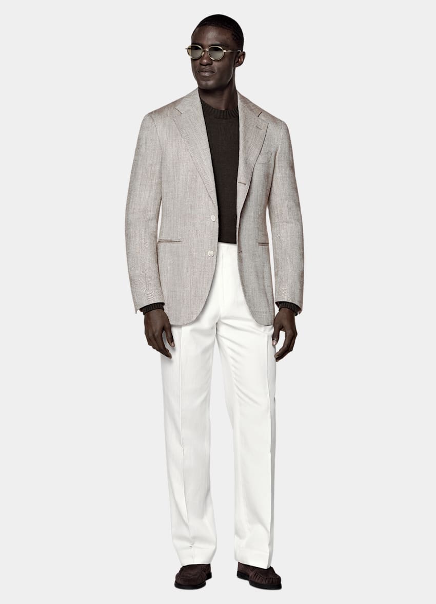 SUITSUPPLY Summer Silk Linen Blend by Ferla, Italy Taupe Herringbone Relaxed Fit Roma Blazer