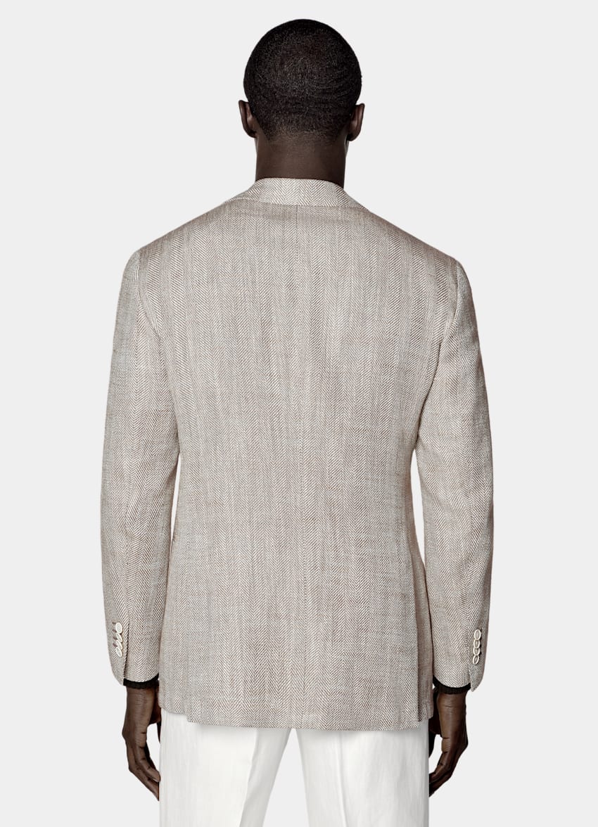 SUITSUPPLY Summer Silk Linen Blend by Ferla, Italy Taupe Herringbone Relaxed Fit Roma Blazer