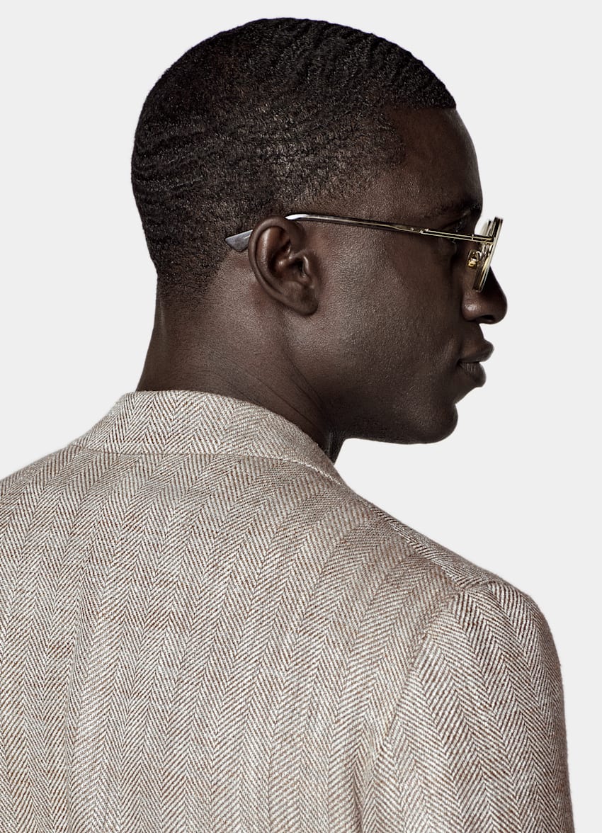 SUITSUPPLY Summer Silk Linen Blend by Ferla, Italy Taupe Herringbone Relaxed Fit Roma Blazer