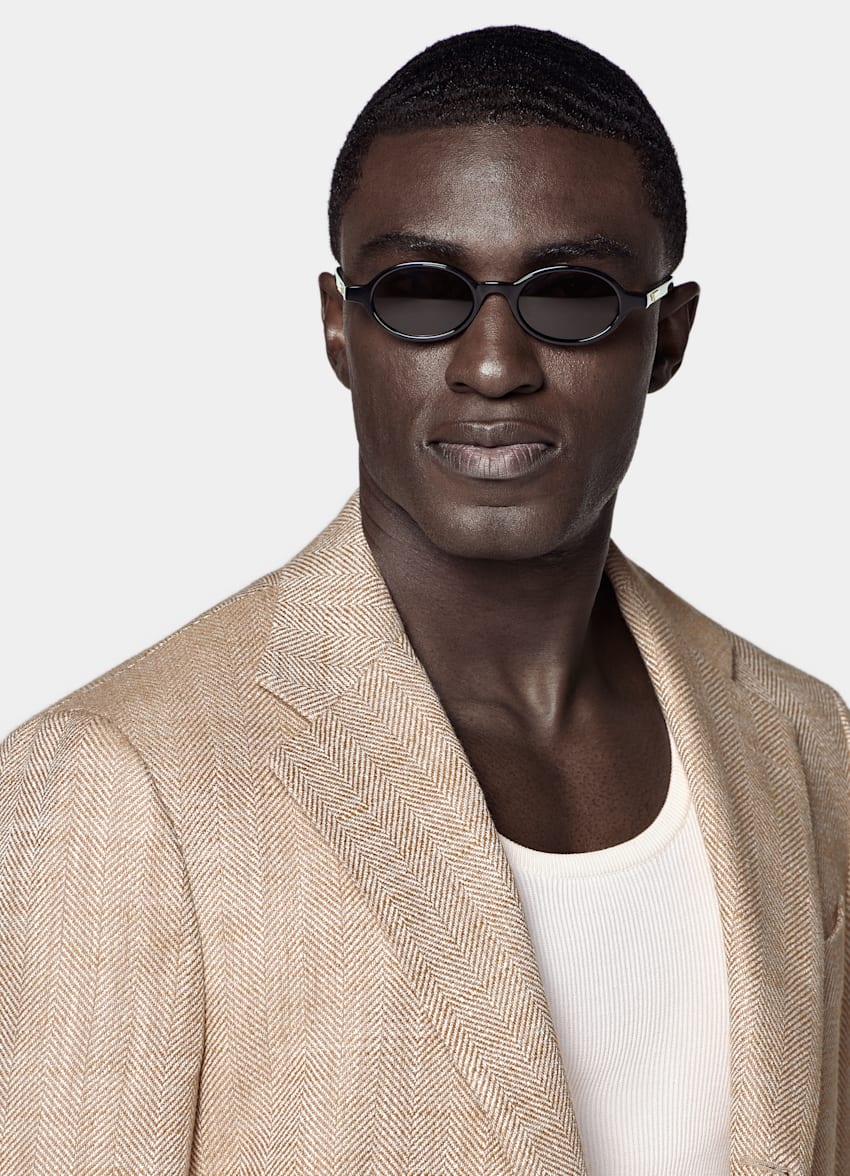 SUITSUPPLY Summer Silk Linen Cotton Blend by Ferla, Italy Light Brown Herringbone Relaxed Fit Roma Blazer