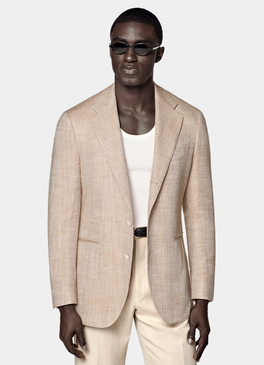 SUITSUPPLY Summer Silk Linen Cotton Blend by Ferla, Italy Light Brown Herringbone Relaxed Fit Roma Blazer