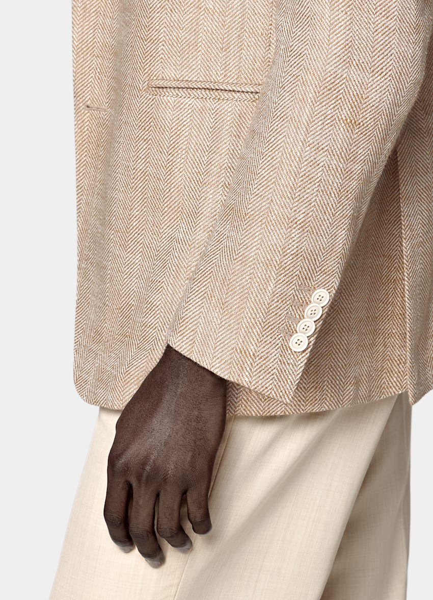 SUITSUPPLY Summer Silk Linen Cotton Blend by Ferla, Italy Light Brown Herringbone Relaxed Fit Roma Blazer