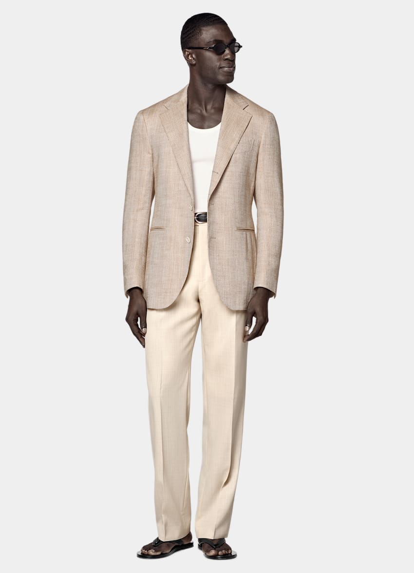 SUITSUPPLY Summer Silk Linen Cotton Blend by Ferla, Italy Light Brown Herringbone Relaxed Fit Roma Blazer