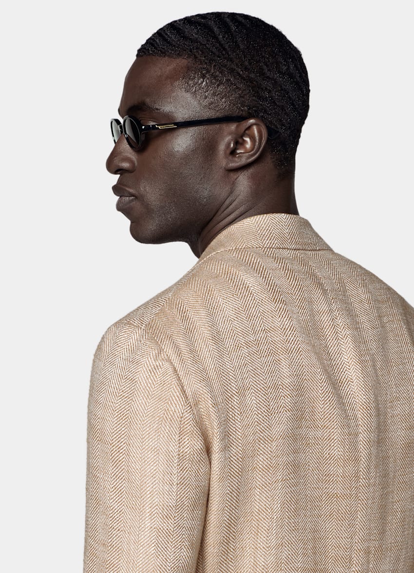 SUITSUPPLY Summer Silk Linen Cotton Blend by Ferla, Italy Light Brown Herringbone Relaxed Fit Roma Blazer