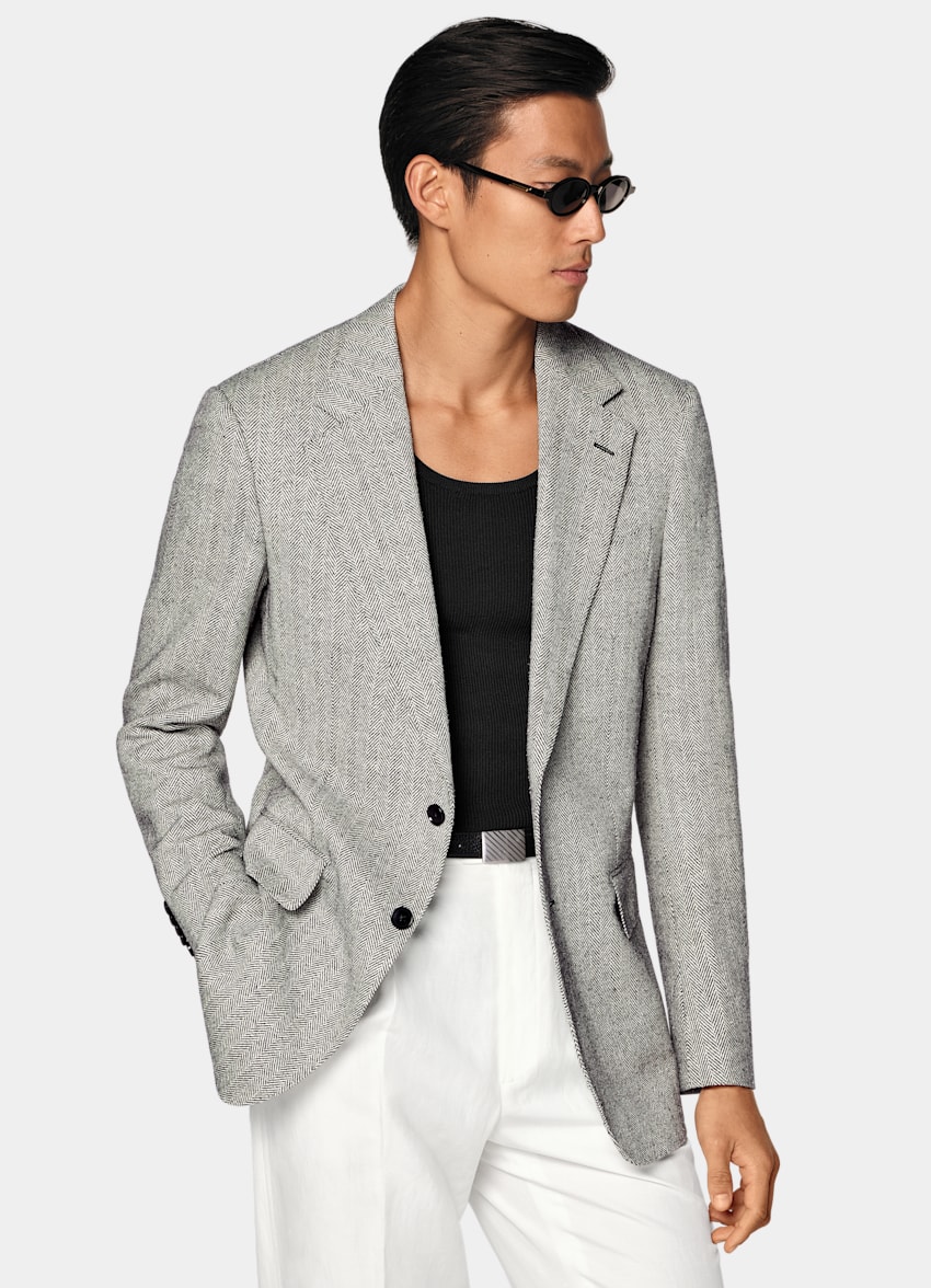 SUITSUPPLY Verano Seda, lino y lana de Marling & Evans, Reino Unido Blazer Milano negro punto de espiga corte Tailored