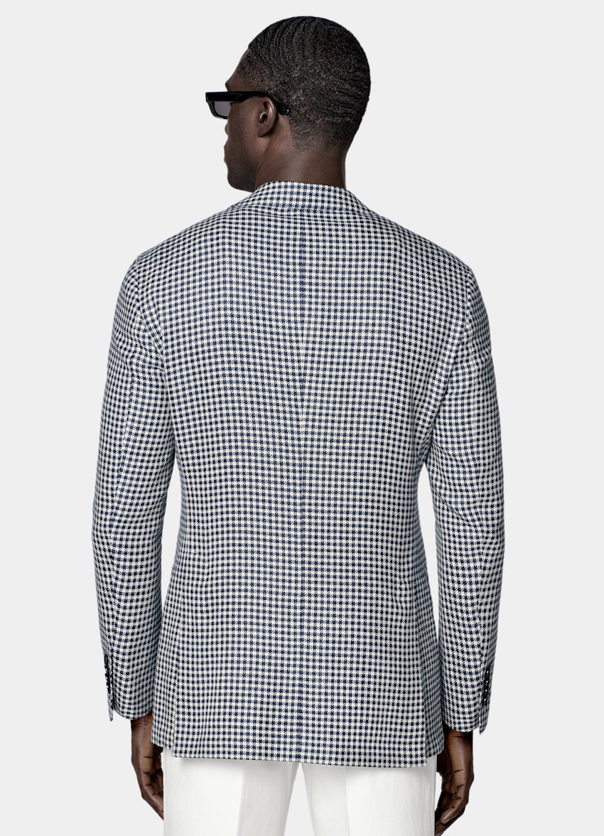 SUITSUPPLY Summer Wool Silk Linen by Marling & Evans, United Kingdom Navy Houndstooth Relaxed Fit Roma Blazer