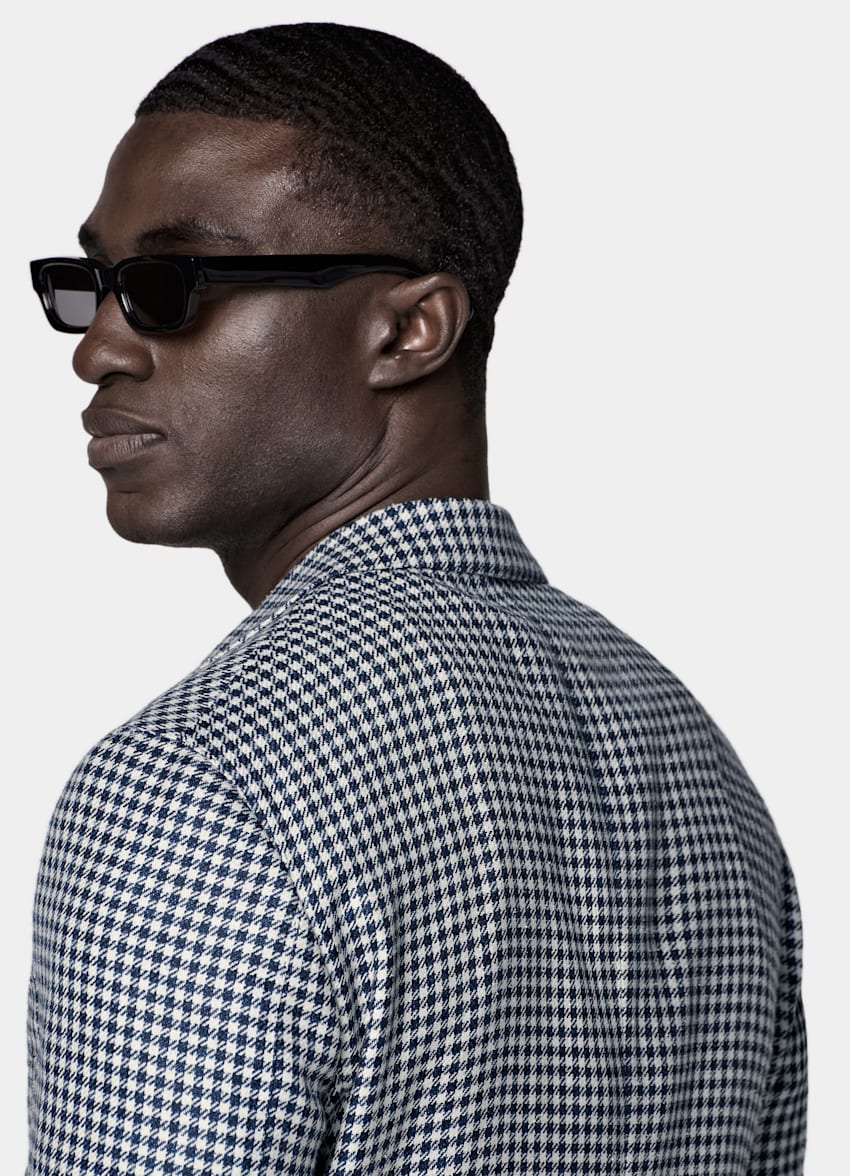 SUITSUPPLY Summer Wool Silk Linen by Marling & Evans, United Kingdom Navy Houndstooth Relaxed Fit Roma Blazer