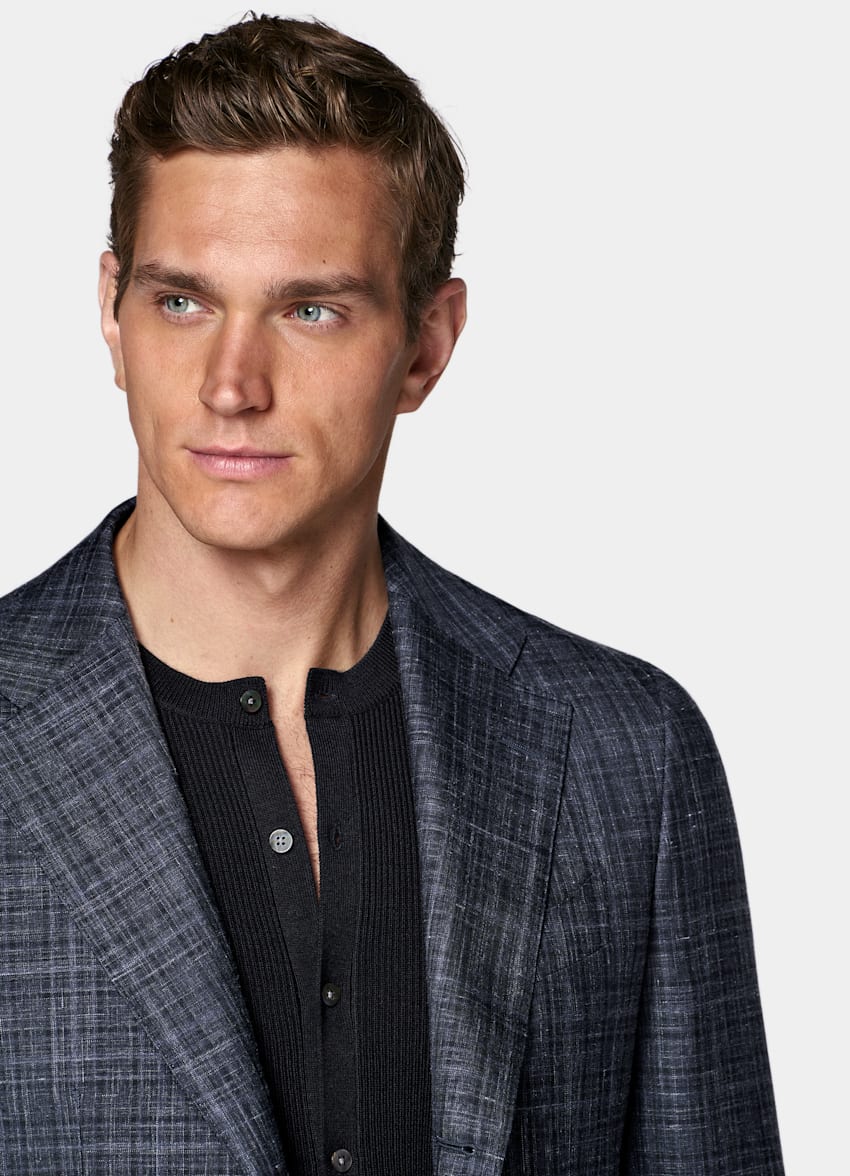 SUITSUPPLY Summer Cashmere Silk Linen by Piacenza, Italy Navy Checked Tailored Fit Havana Blazer