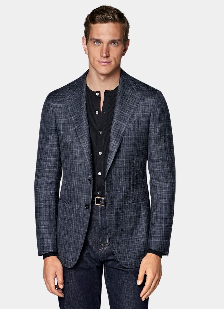 SUITSUPPLY Summer Cashmere Silk Linen by Piacenza, Italy Navy Checked Tailored Fit Havana Blazer