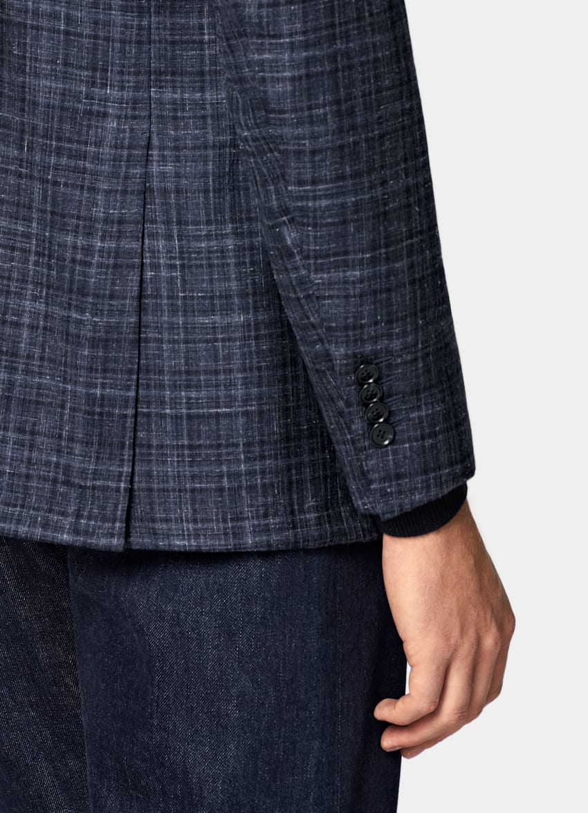 SUITSUPPLY Summer Cashmere Silk Linen by Piacenza, Italy Navy Checked Tailored Fit Havana Blazer