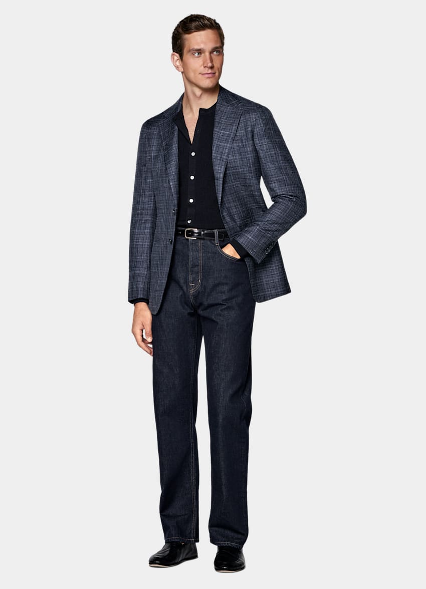 SUITSUPPLY Summer Cashmere Silk Linen by Piacenza, Italy Navy Checked Tailored Fit Havana Blazer