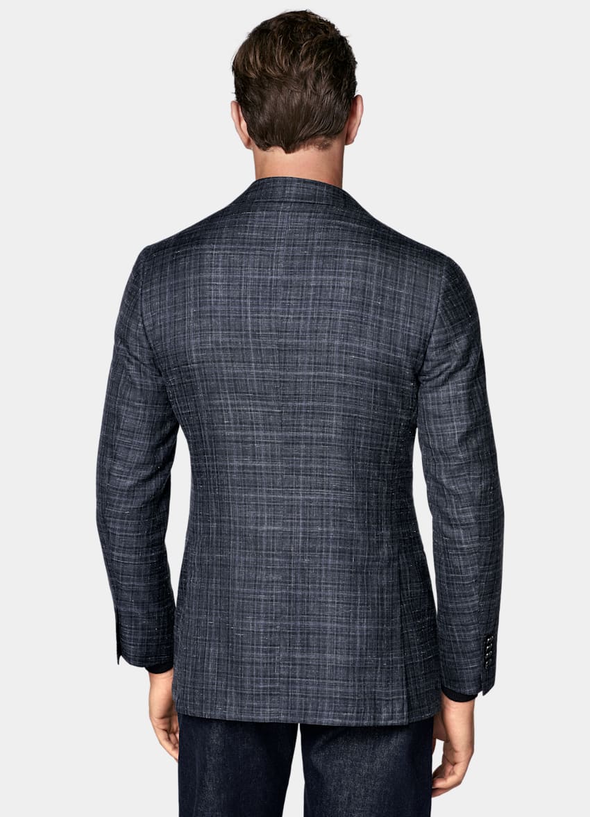 SUITSUPPLY Summer Cashmere Silk Linen by Piacenza, Italy Navy Checked Tailored Fit Havana Blazer
