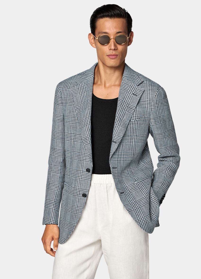 SUITSUPPLY Summer Pure Linen by Subalpino, Italy Light Blue Checked Relaxed Fit Roma Blazer