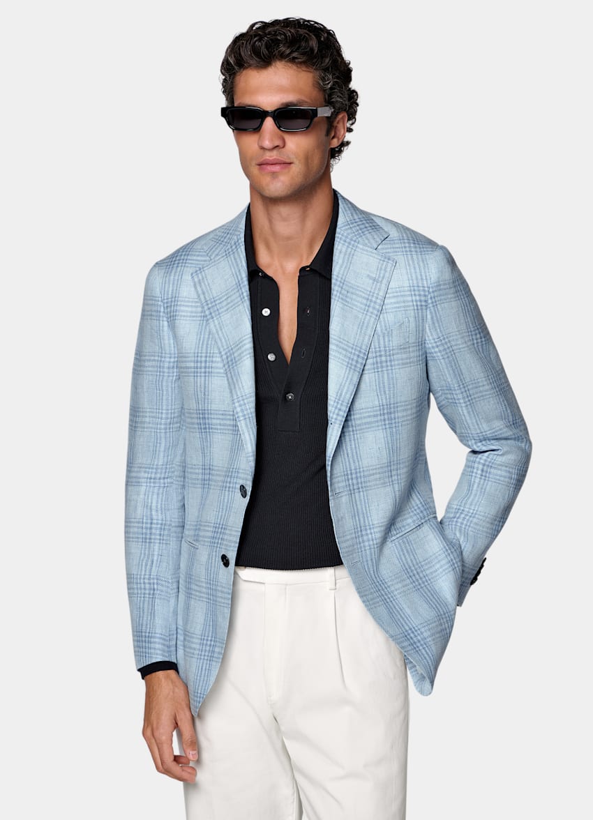 SUITSUPPLY Summer Pure Linen par Lanificio Ermenegildo Zegna, Italie Light Blue Checked Tailored Fit Havana Blazer