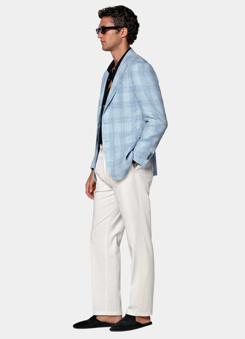 SUITSUPPLY Summer Pure Linen par Lanificio Ermenegildo Zegna, Italie Light Blue Checked Tailored Fit Havana Blazer