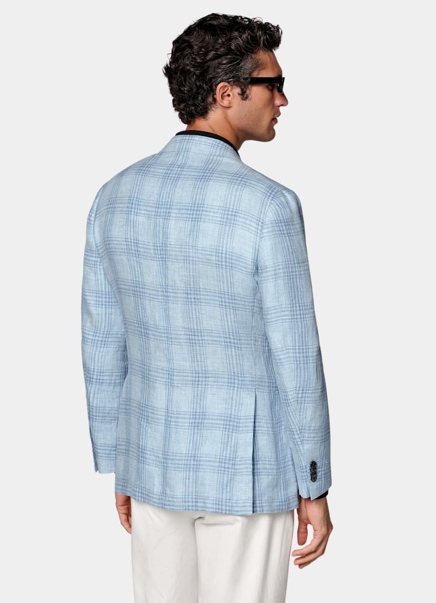 SUITSUPPLY Summer Pure Linen par Lanificio Ermenegildo Zegna, Italie Light Blue Checked Tailored Fit Havana Blazer