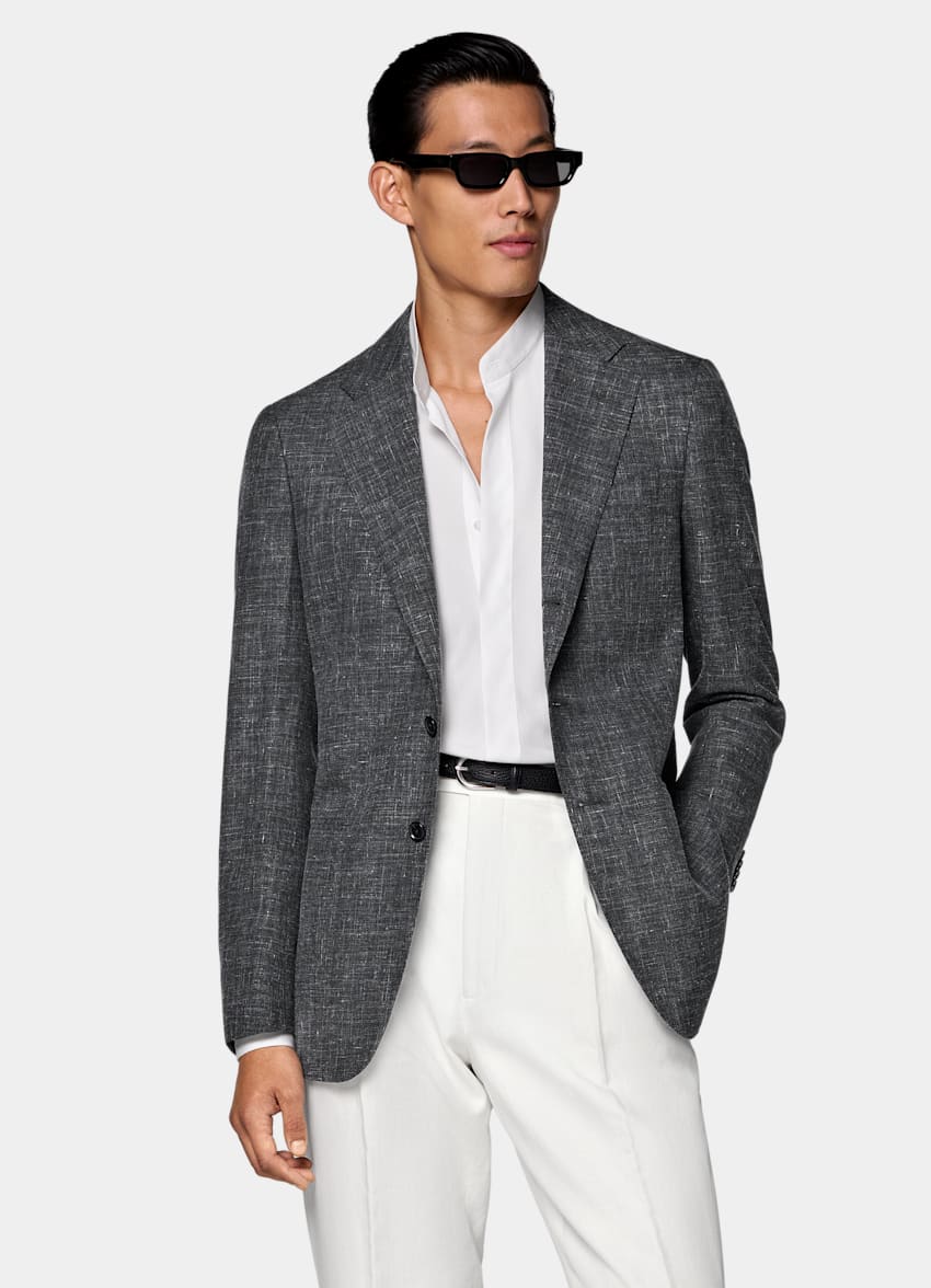 SUITSUPPLY Summer Wool Silk Linen by Rogna, Italy Dark Grey Tailored Fit Havana Blazer