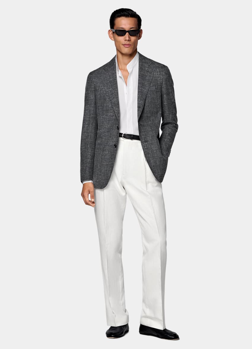 SUITSUPPLY Summer Wool Silk Linen by Rogna, Italy Dark Grey Tailored Fit Havana Blazer