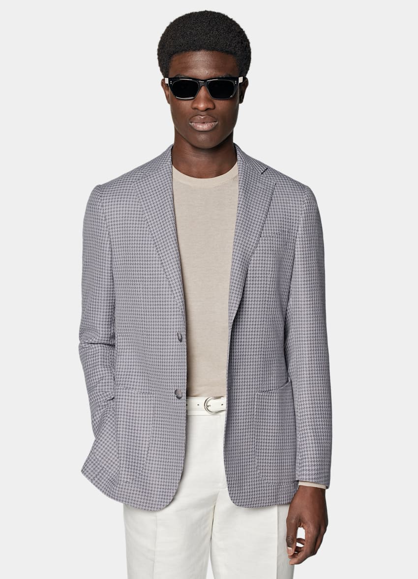 SUITSUPPLY Wool Silk Linen by Rogna, Italy Purple Houndstooth Tailored Fit Havana Blazer