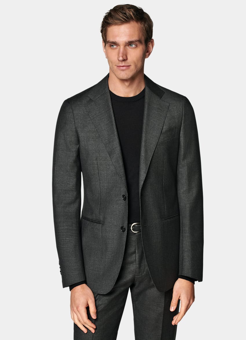 SUITSUPPLY Pure S110's Wool by Vitale Barberis Canonico, Italy Dark Grey Tailored Fit Havana Suit Jacket