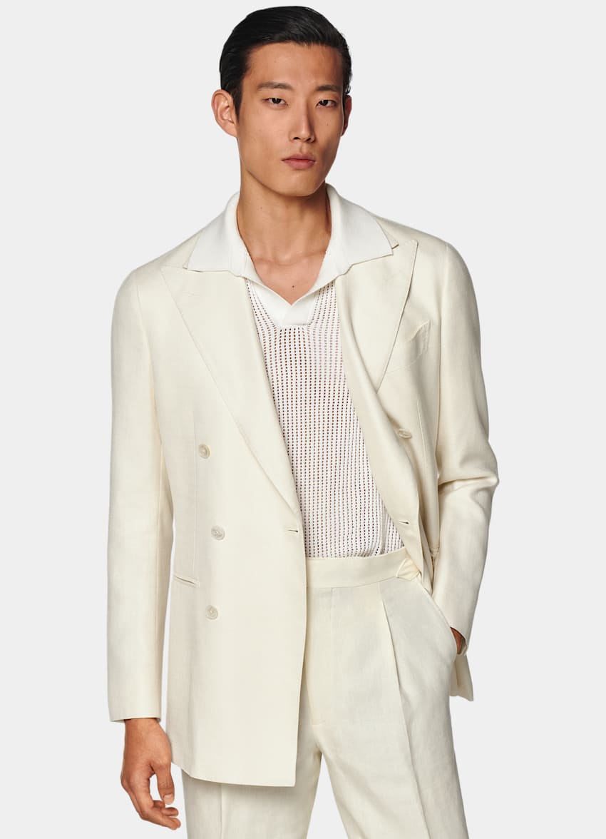 SUITSUPPLY All Season Cotton Silk by E.Thomas, Italy Off-White Tailored Fit Havana Dinner Jacket