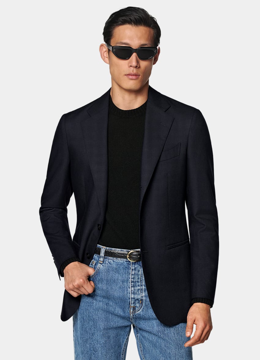 SUITSUPPLY All Season Pure 4-Ply Traveller Wool by Rogna, Italy Navy Tailored Fit Havana Suit Jacket