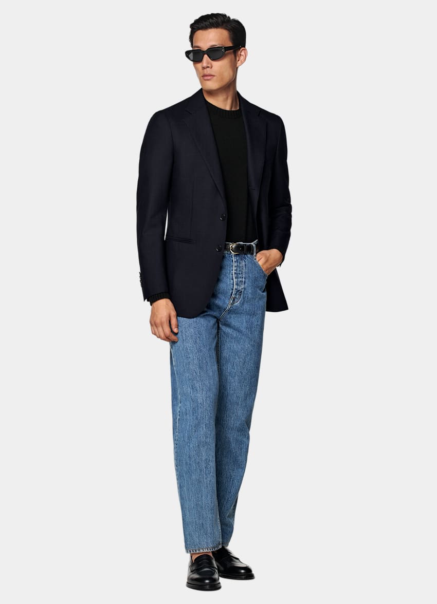 SUITSUPPLY All Season Pure 4-Ply Traveller Wool by Rogna, Italy Navy Tailored Fit Havana Suit Jacket