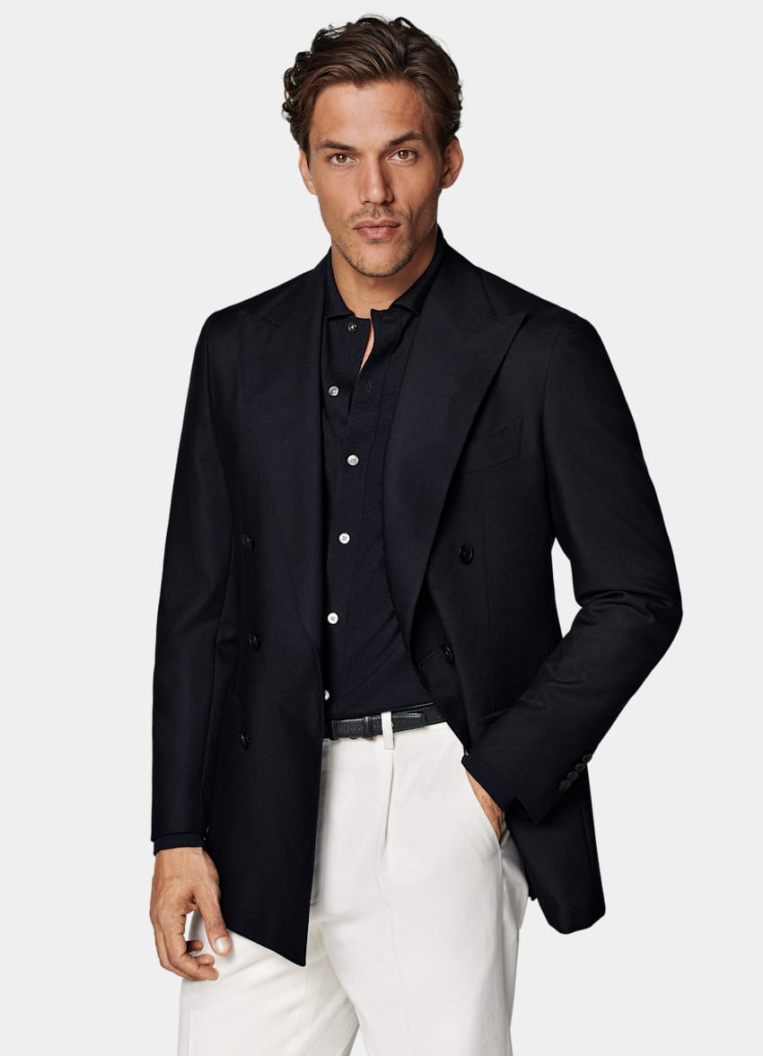 SUITSUPPLY All Season Pure 4-Ply Traveller Wool by Rogna, Italy Navy Tailored Fit Havana Blazer