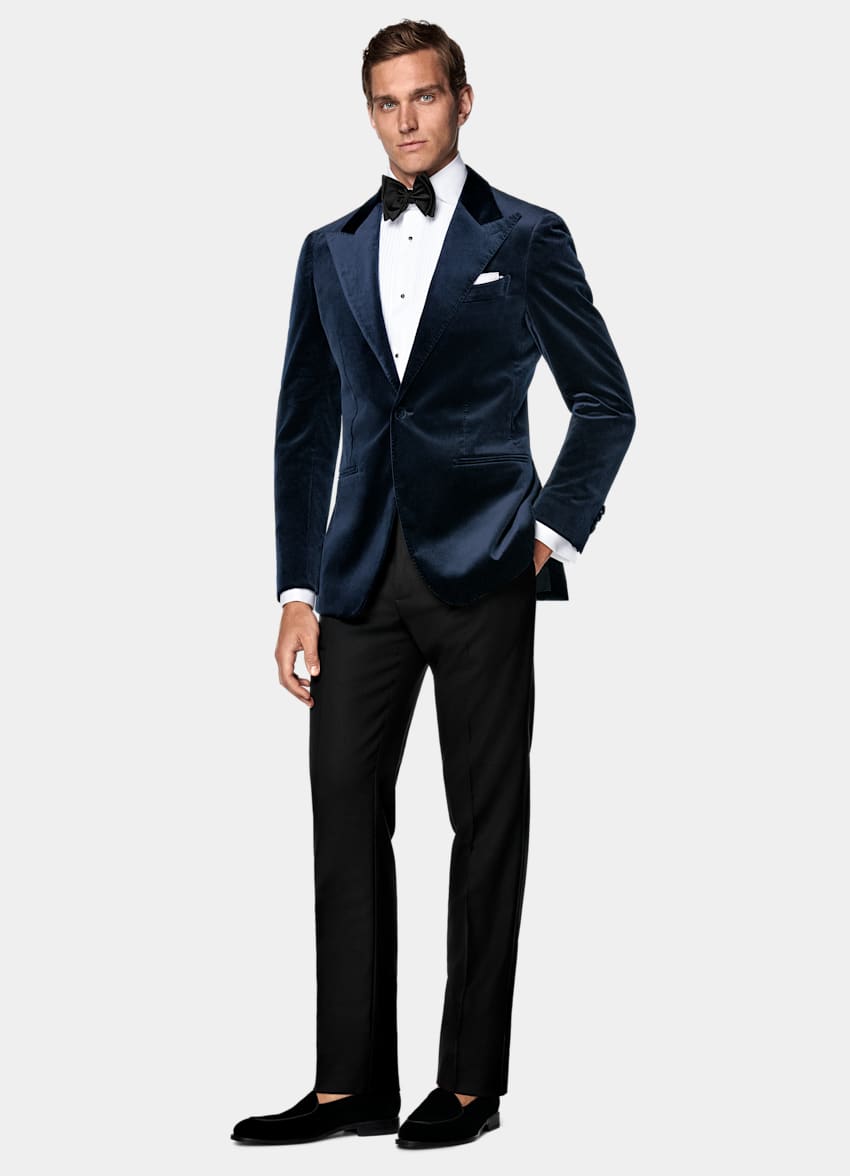 SUITSUPPLY Winter Stretch Cotton Velvet by Pontoglio, Italy Navy Tailored Fit Havana Dinner Jacket