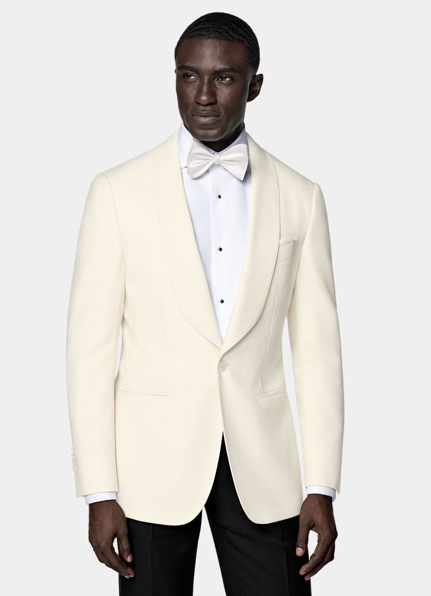 SUITSUPPLY All Season Pure 4-Ply Traveller Wool by Rogna, Italy Off-White Tailored Fit Havana Dinner Jacket