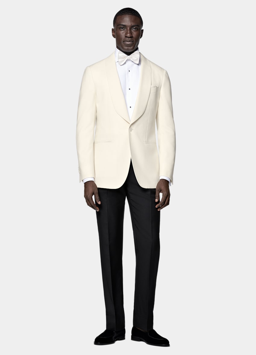 SUITSUPPLY All Season Pure 4-Ply Traveller Wool by Rogna, Italy Off-White Tailored Fit Havana Dinner Jacket