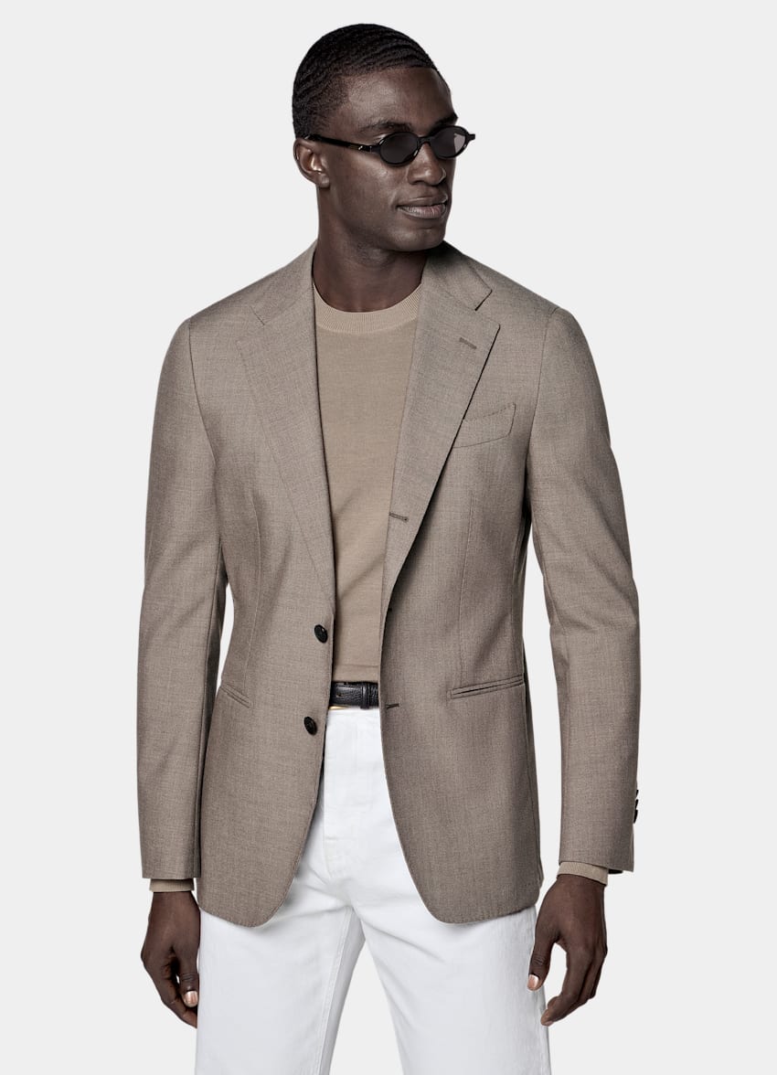 SUITSUPPLY All Season Wrinkle-Free 4-Ply Wool by Rogna, Italy Taupe Tailored Fit Havana Suit Jacket