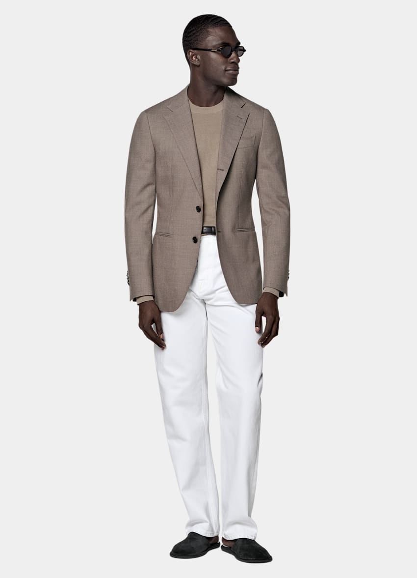 SUITSUPPLY All Season Wrinkle-Free 4-Ply Wool by Rogna, Italy Taupe Tailored Fit Havana Suit Jacket