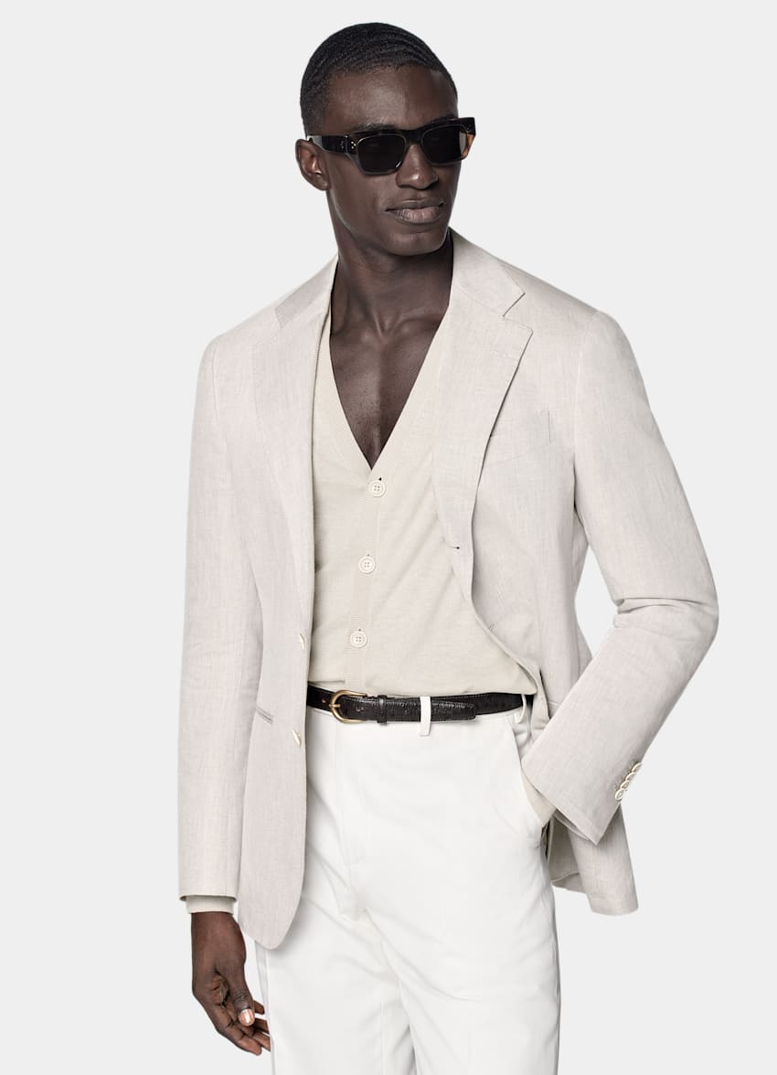 SUITSUPPLY Summer Linen Cotton by Di Sondrio, Italy Light Taupe Tailored Fit Havana Suit Jacket