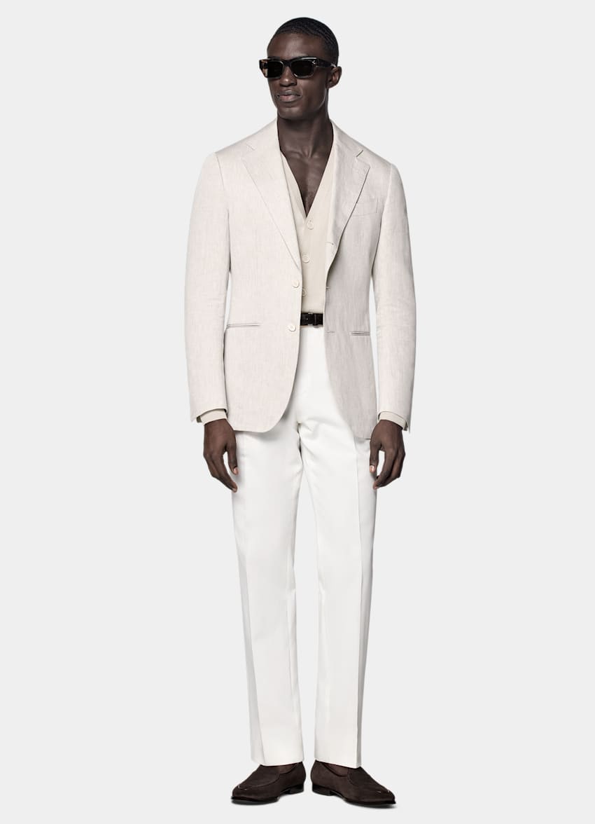 SUITSUPPLY Summer Linen Cotton by Di Sondrio, Italy Light Taupe Tailored Fit Havana Suit Jacket
