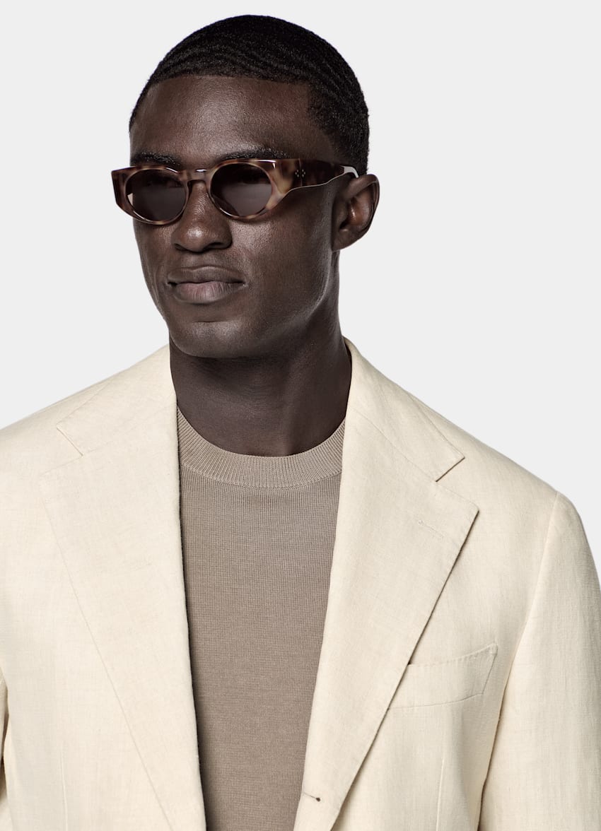 SUITSUPPLY Summer Pure Linen by Libeco, Belgium Sand Relaxed Fit Roma Suit Jacket