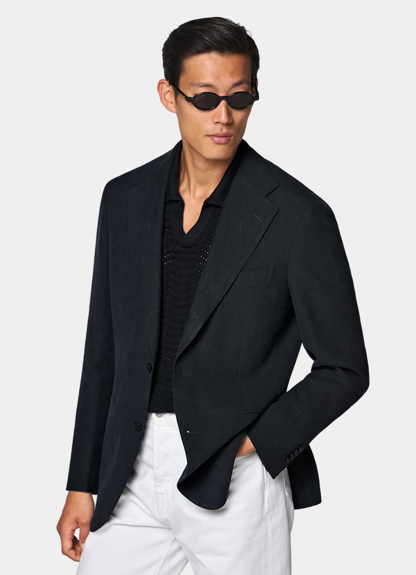 SUITSUPPLY Summer Pure Linen by Libeco, Belgium Navy Relaxed Fit Roma Suit Jacket