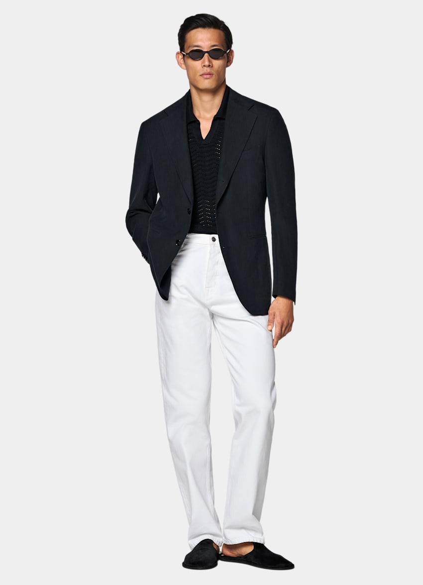 SUITSUPPLY Summer Pure Linen by Libeco, Belgium Navy Relaxed Fit Roma Suit Jacket